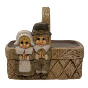 Vintage Thanksgiving Pilgrim Planter Basket Boy Girl Fall Decor 70s Kitsch